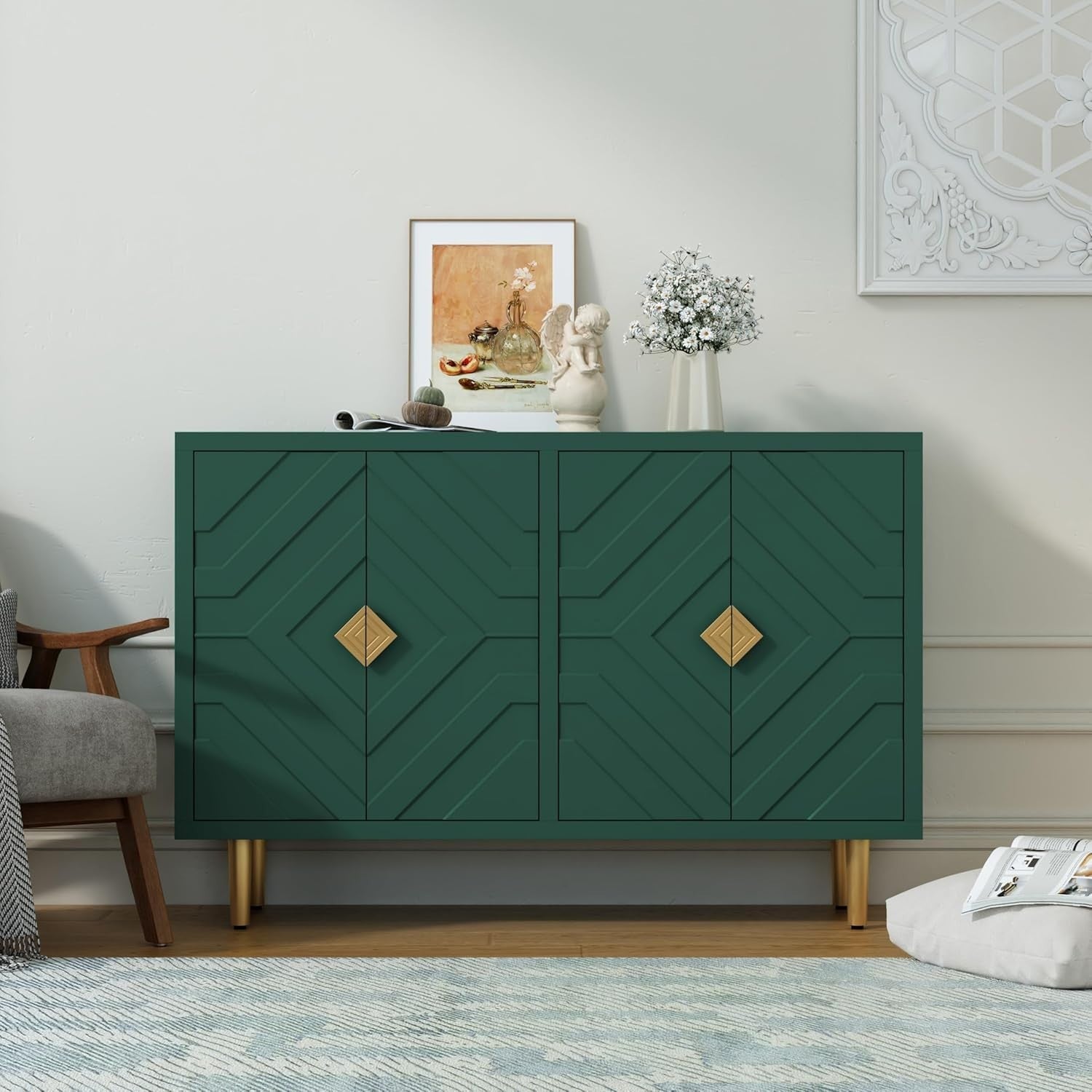 Green Kitchen Sideboard Cabinet 4 Doors Storage Buffet Table with Shelves