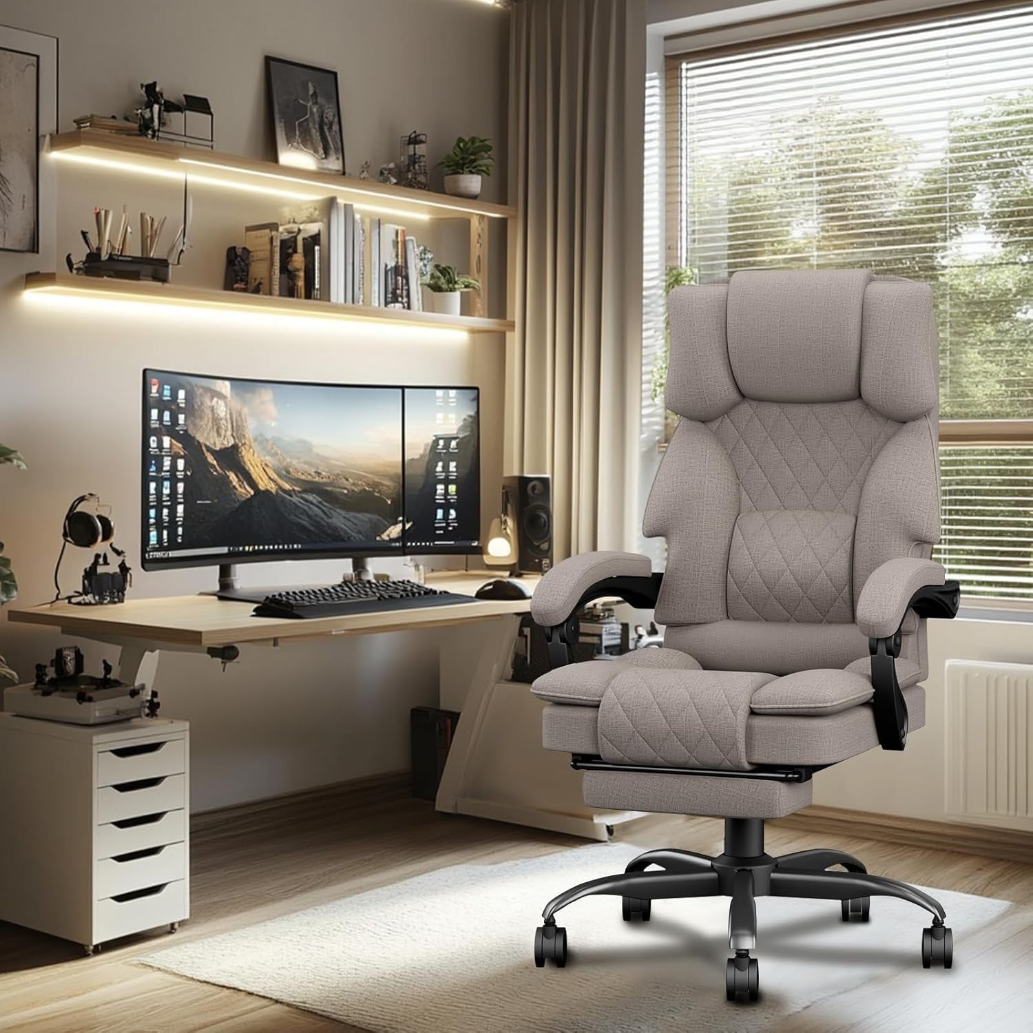 Ergonomic Reclining Office Chair w/Footrest Heavy Duty Memory Foam Light Brown