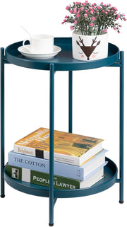 Small Round Metal Side Table 2-Tier Coffee Table Removable Tray Peacock Green