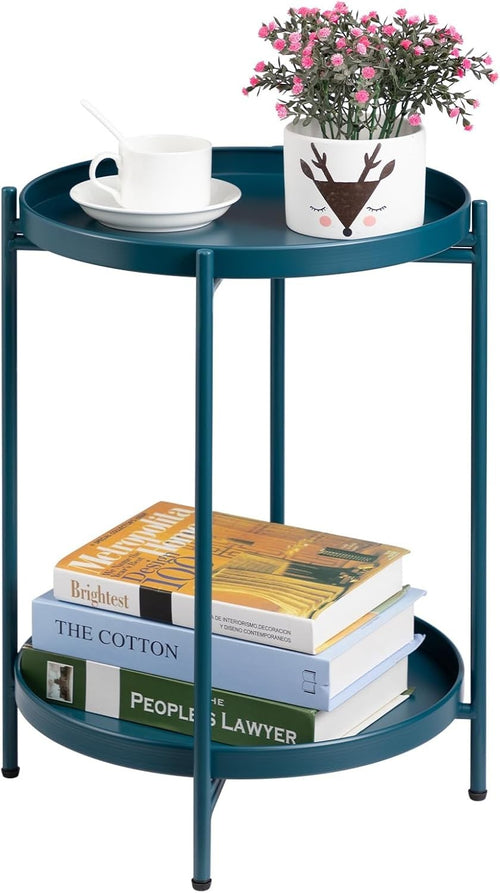 Small Round Metal Side Table 2-Tier Coffee Table Removable Tray Peacock Green