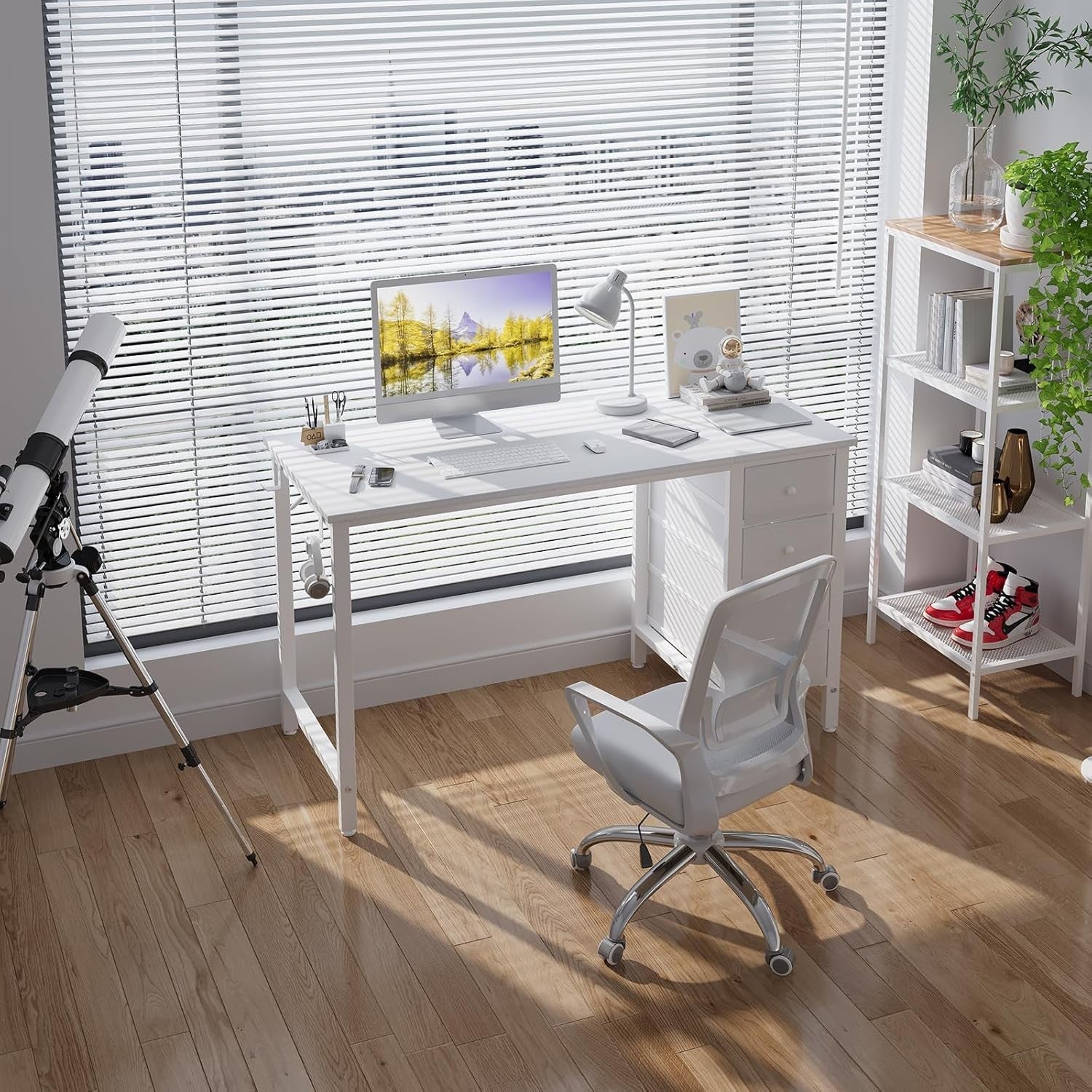 Modern White Office Desk w/Fabric Drawers Metal Frame Computer Table