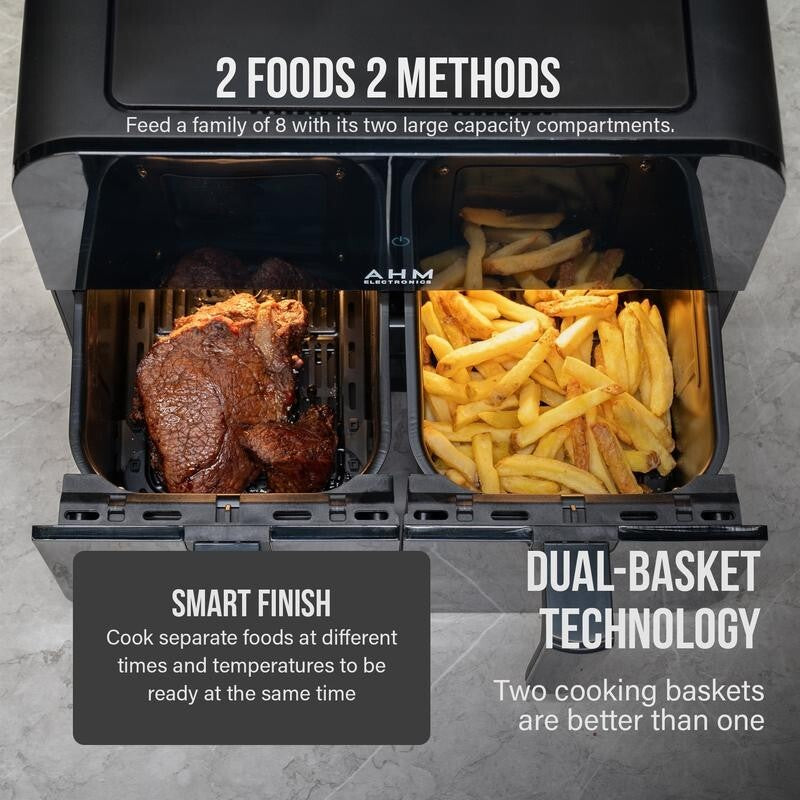 9L Dual Basket Air Fryer Smart Touch 8 Presets Window Sync Cook 200°C Black