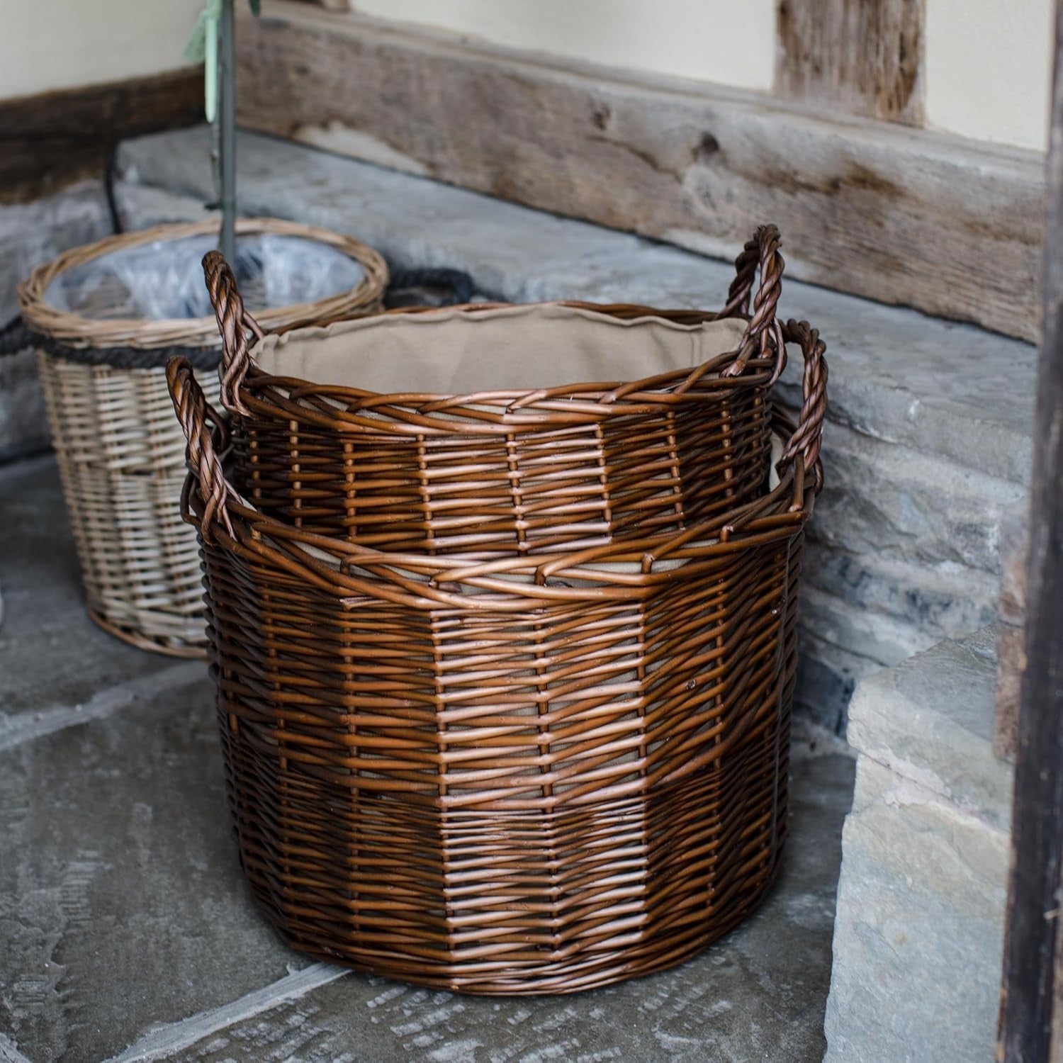 Large Wicker Log Basket with Handles & Lining Firewood Storage Bin