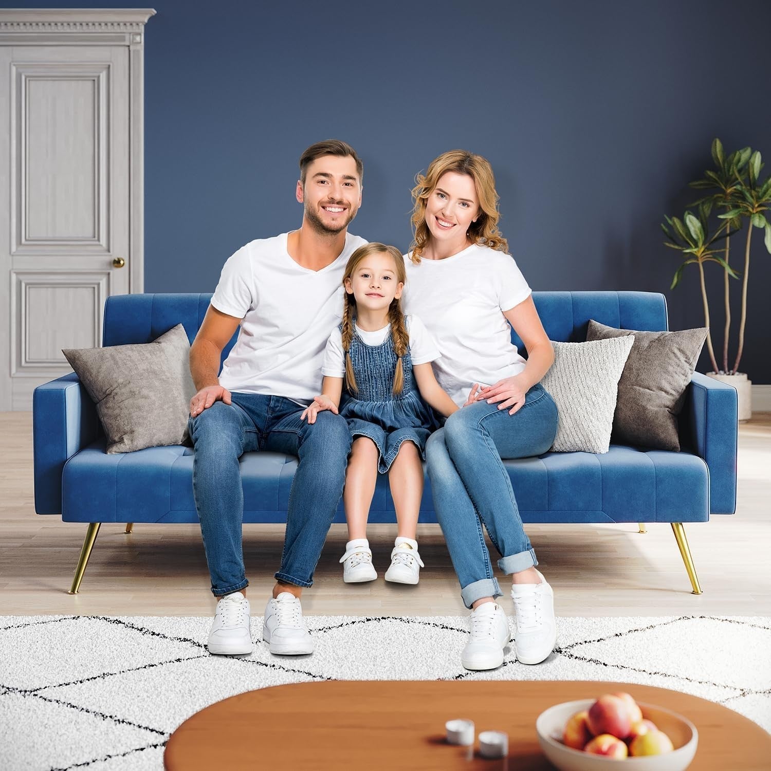 Blue Velvet Sofa Bed 3 Seater Click Clack Couch for Lounge Home Office
