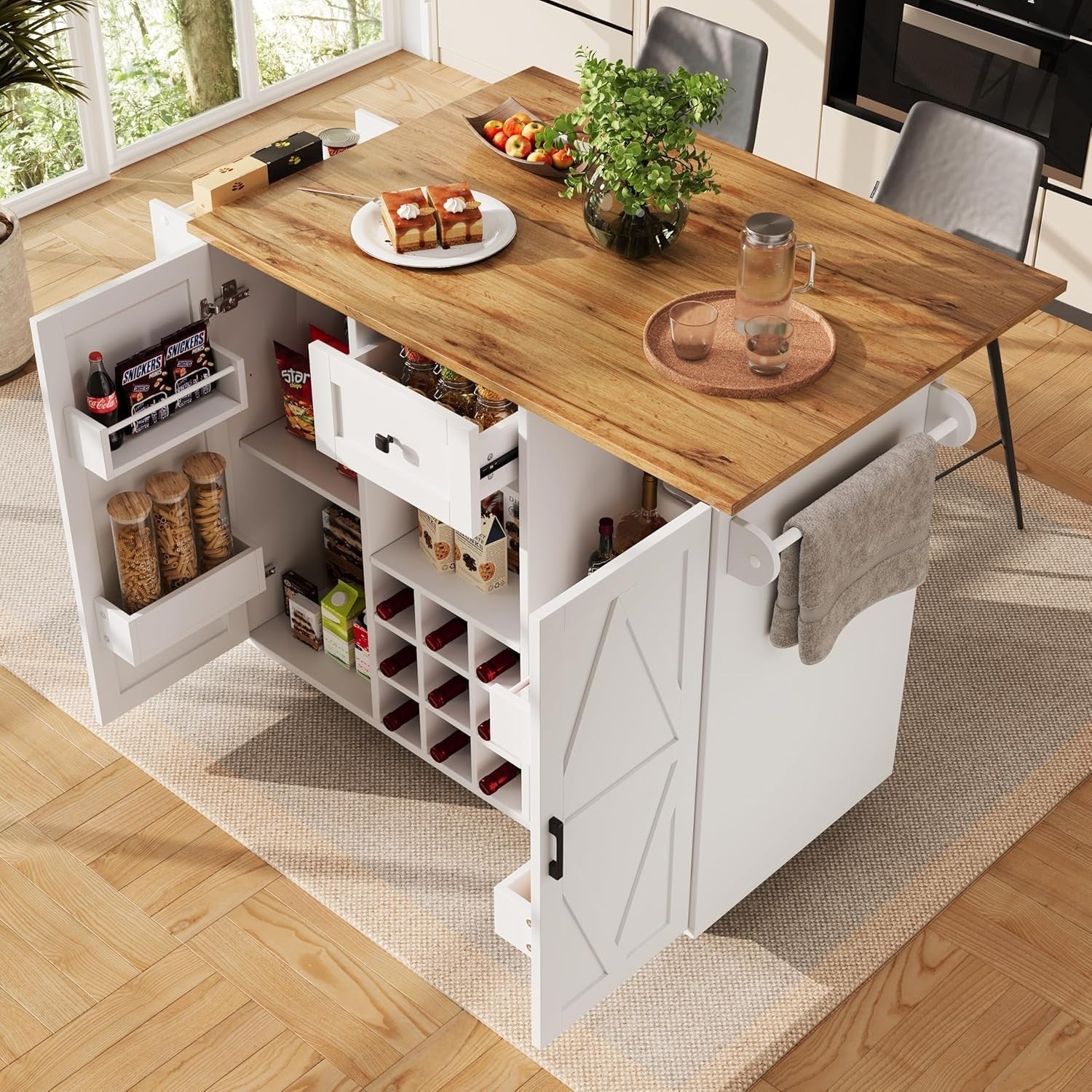 White Rolling Kitchen Island Foldable Table Cabinet 160cm