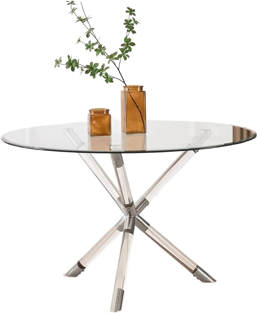 Round Glass Dining Table 100cm Silver Acrylic Legs Modern Kitchen Table