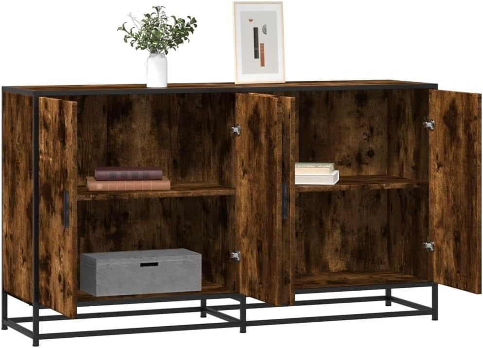 Industrial Sideboard Storage Cabinet Smoked Oak Metal Frame 4 Door Unit