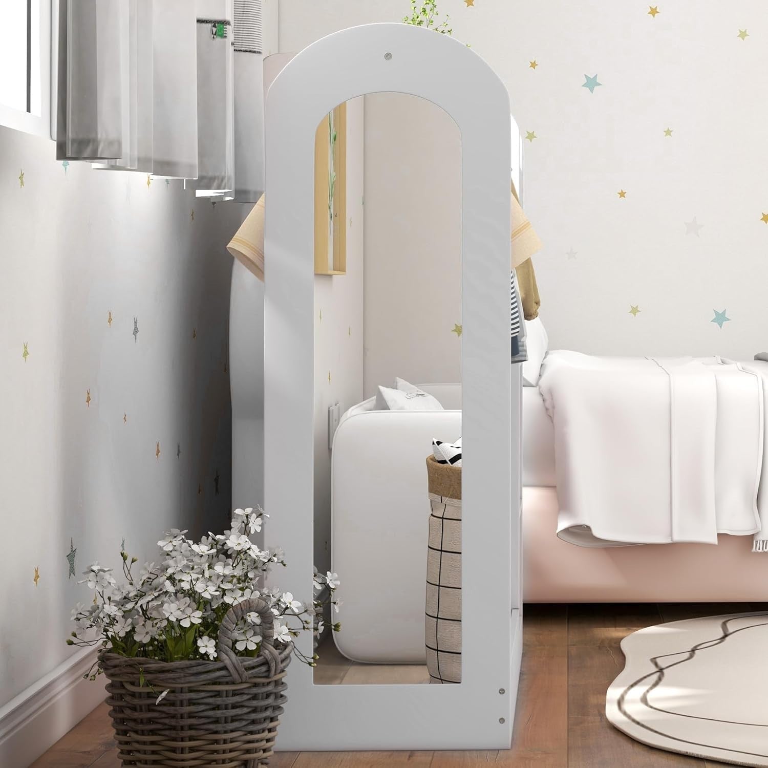 Kids Clothes Rail with Storage Boxes & Mirror, White Wooden Wardrobe for Kids