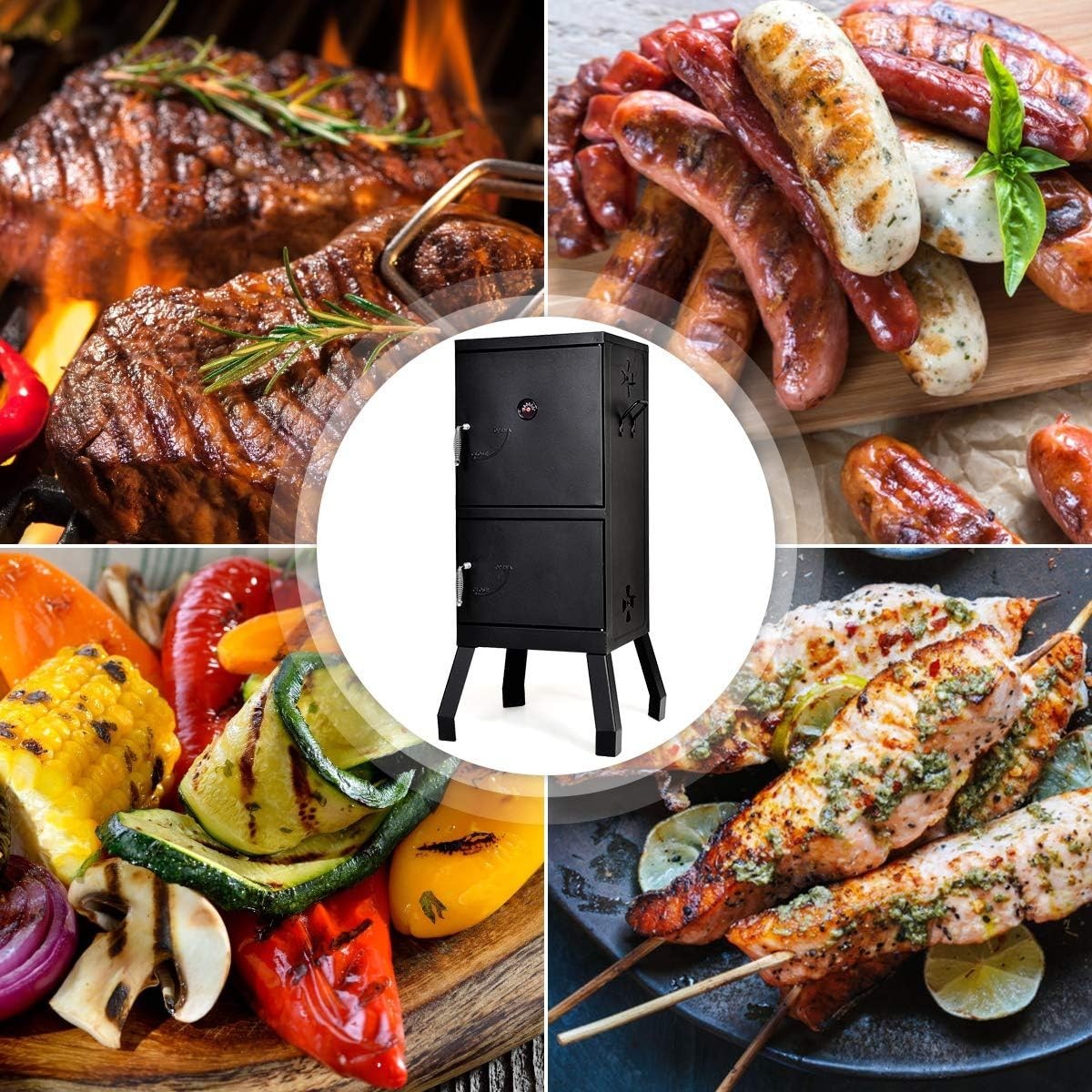 Charcoal BBQ Smoker Grill with Thermometer 2 Door Outdoor Roaster Cooking Oven