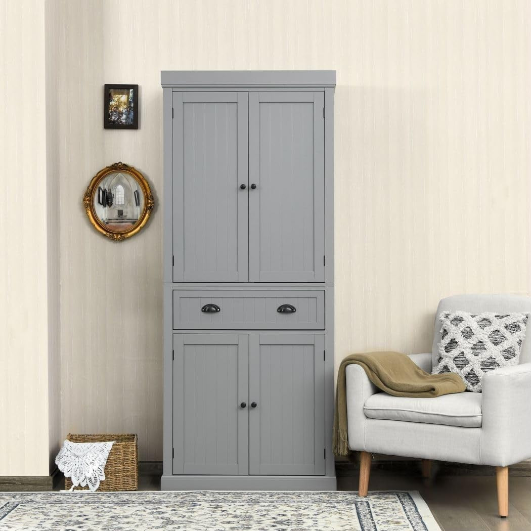 Grey Tall Kitchen Cupboard 4-Door Pantry Cabinet Drawer 183cm