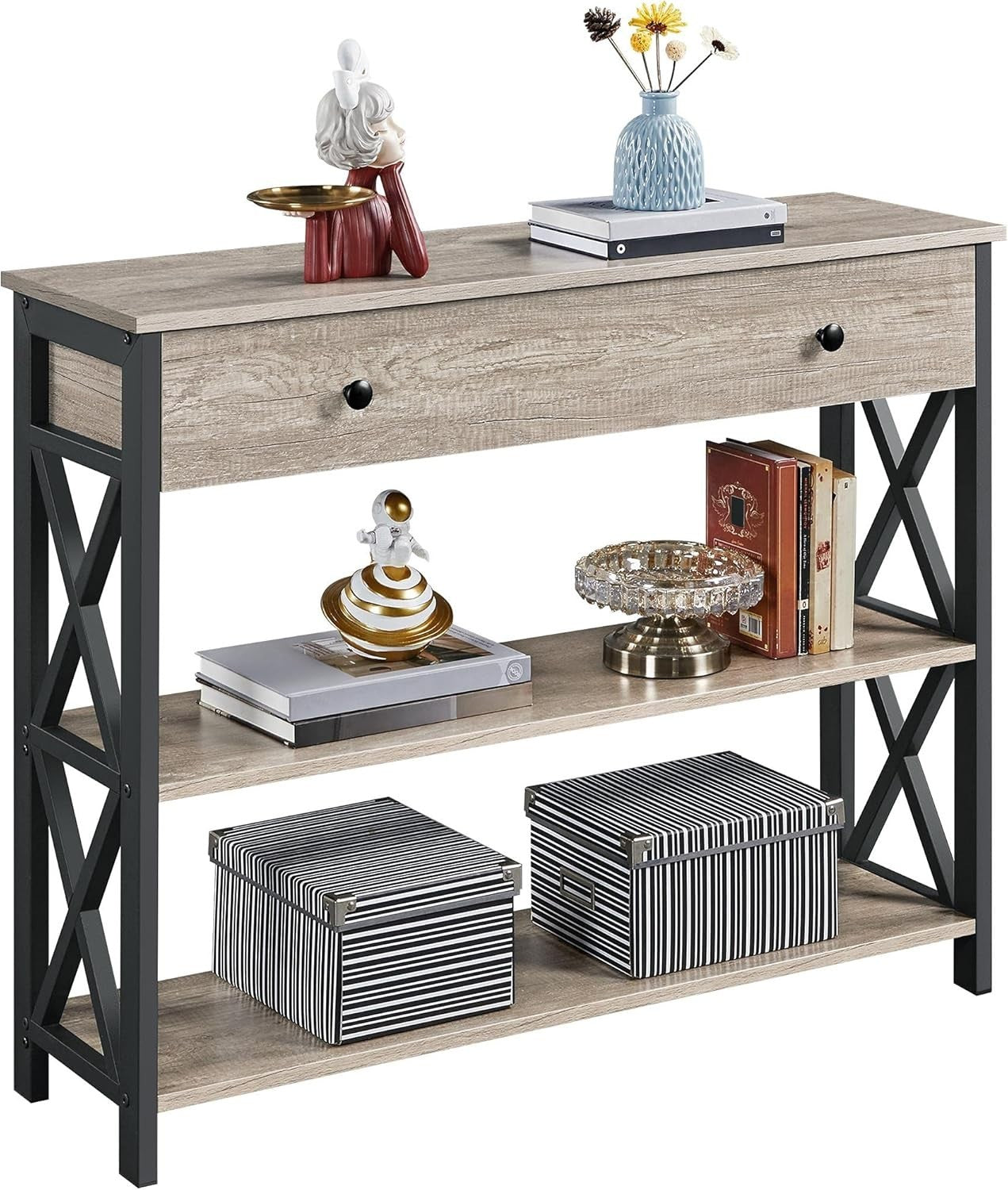 Rustic Grey Console Table with Drawer & 2 Shelves, 100x29.5x81cm, Durable