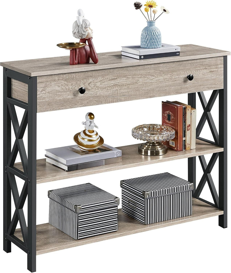 Rustic Grey Console Table with Drawer & 2 Shelves, 100x29.5x81cm, Durable
