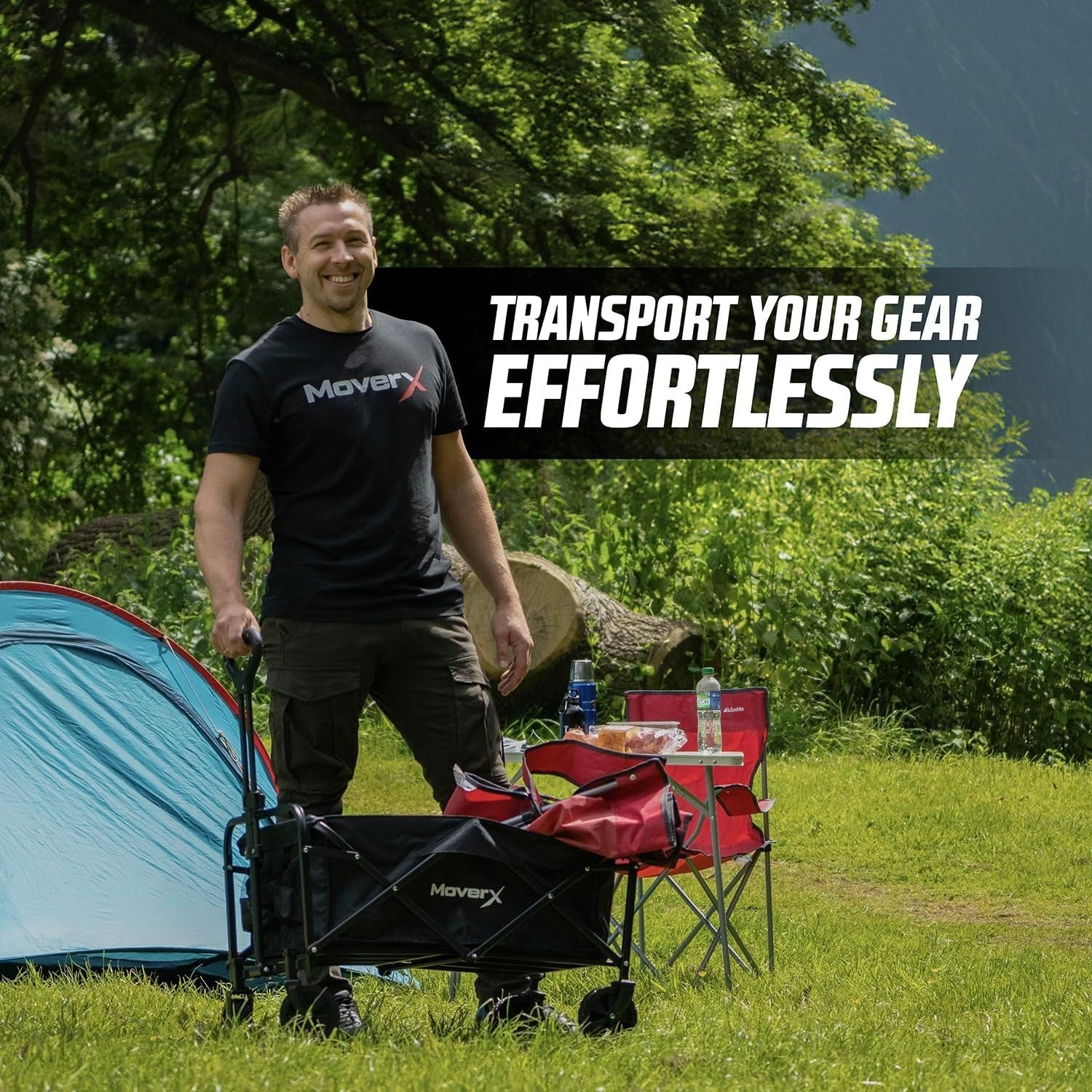 Black 70L Folding Camping Wagon Wide Wheel Lightweight Festival Trolley Cart