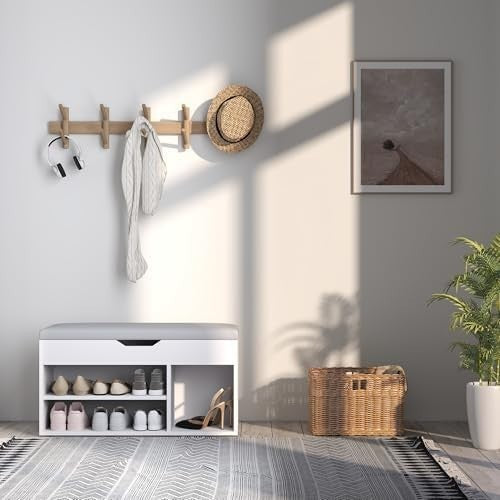Modern Shoe Storage Bench with Cushion Seat & Hidden Compartment – Cream White