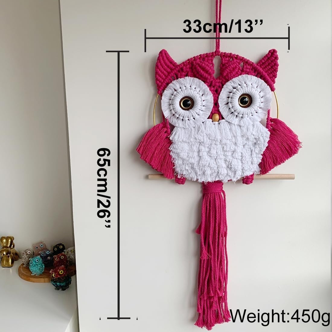 Fuchsia Macrame Owl Wall Hanging Boho Fiber Art Home Decor
