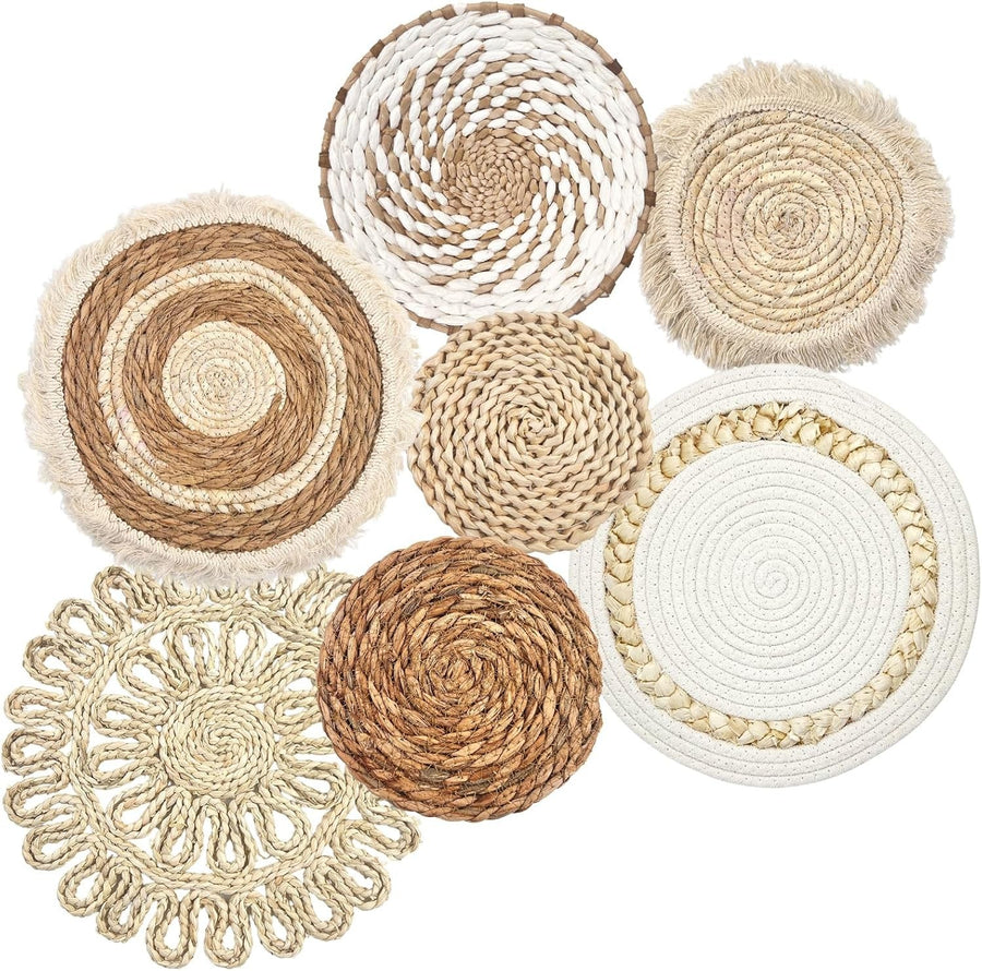 Boho Wall Baskets Set of 7 – Handmade Rattan Woven Decor