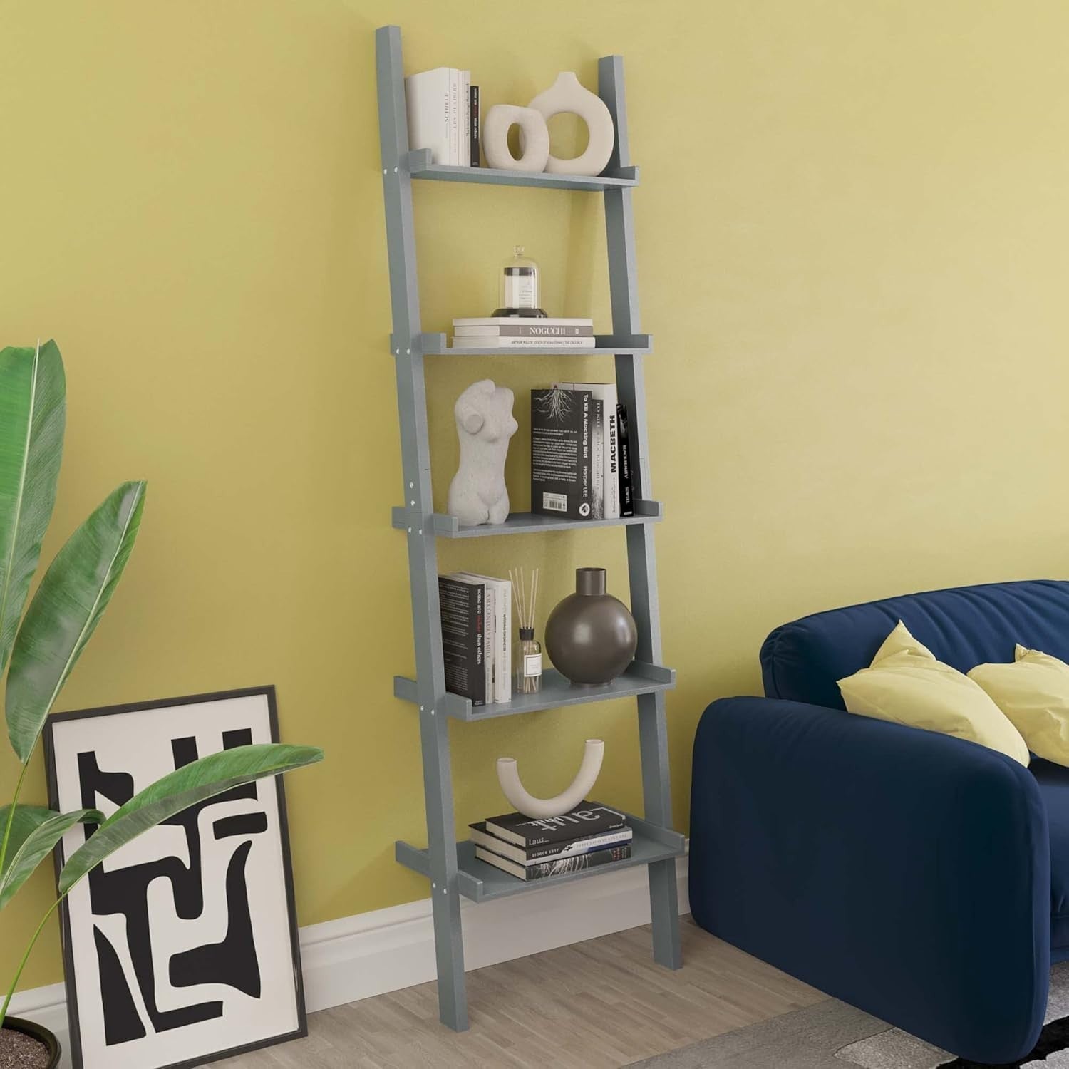 5 Tier Ladder Bookcase Leaning Shelf Space Saving Open Storage Black