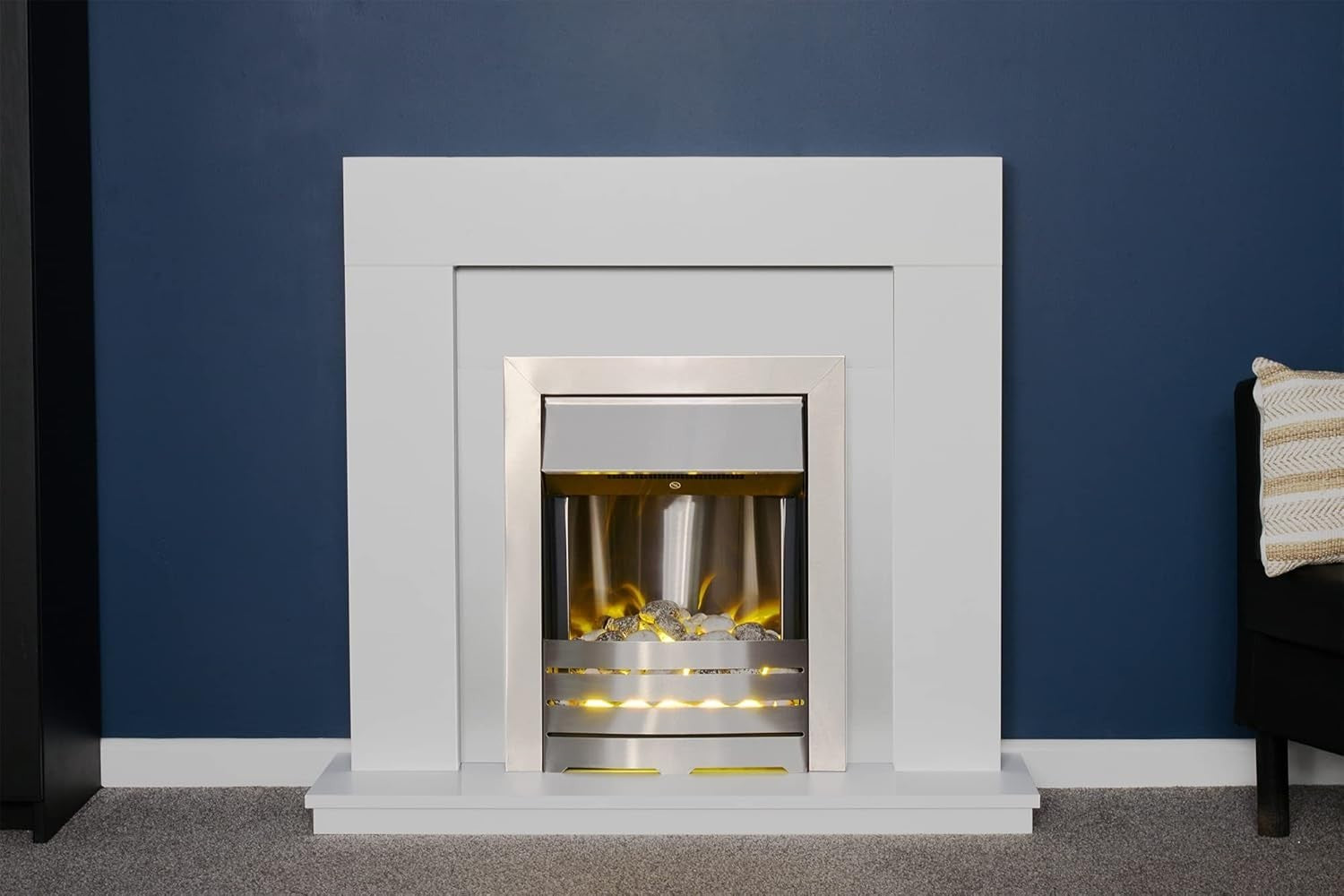 39” White Electric Fireplace Suite LED Heater Brushed Steel Glow Fire