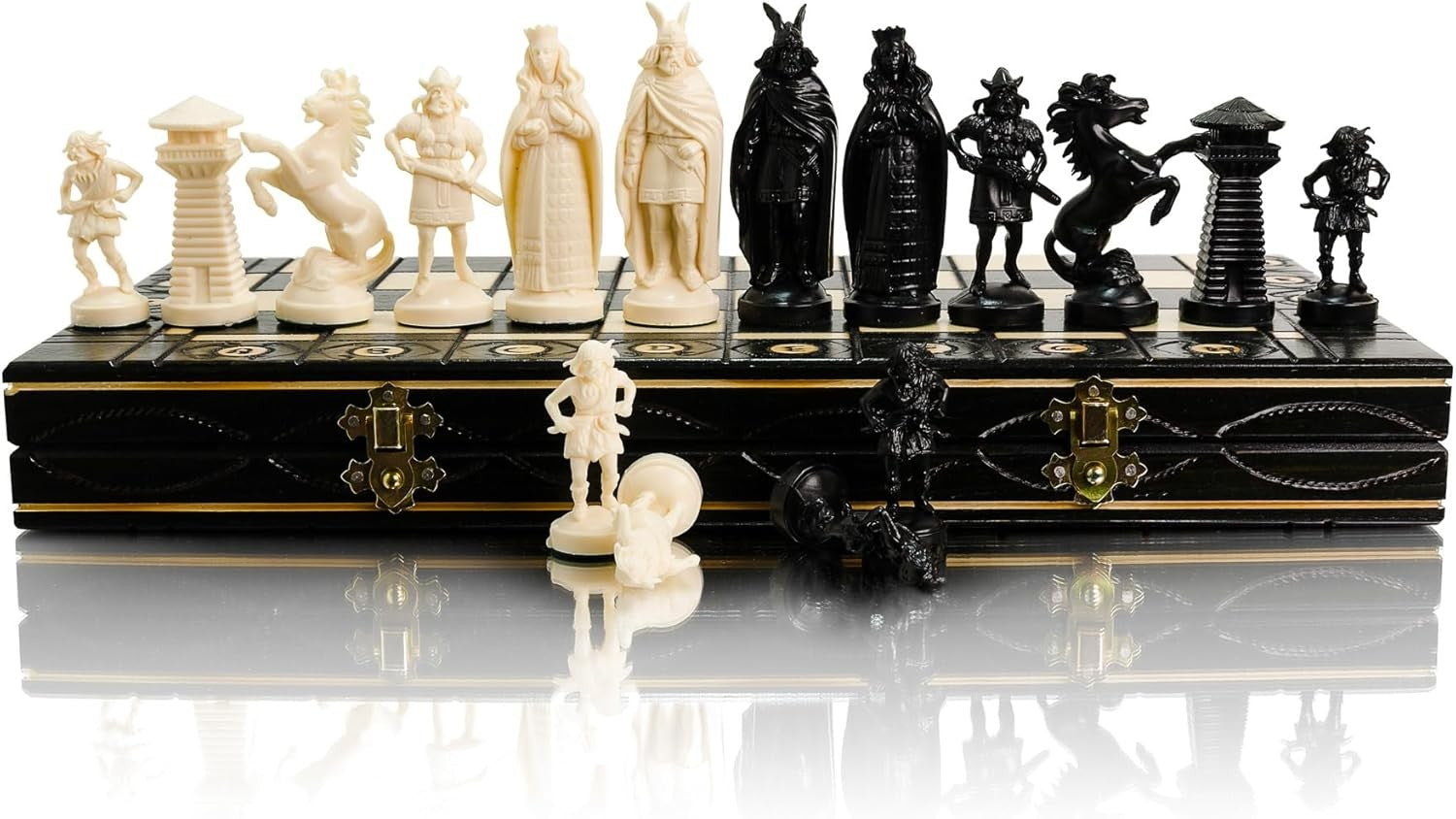 16" Viking Medieval Chess Set Weighted Pieces & Engraved Folding Board