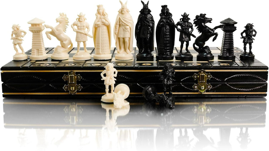 16" Viking Medieval Chess Set Weighted Pieces & Engraved Folding Board