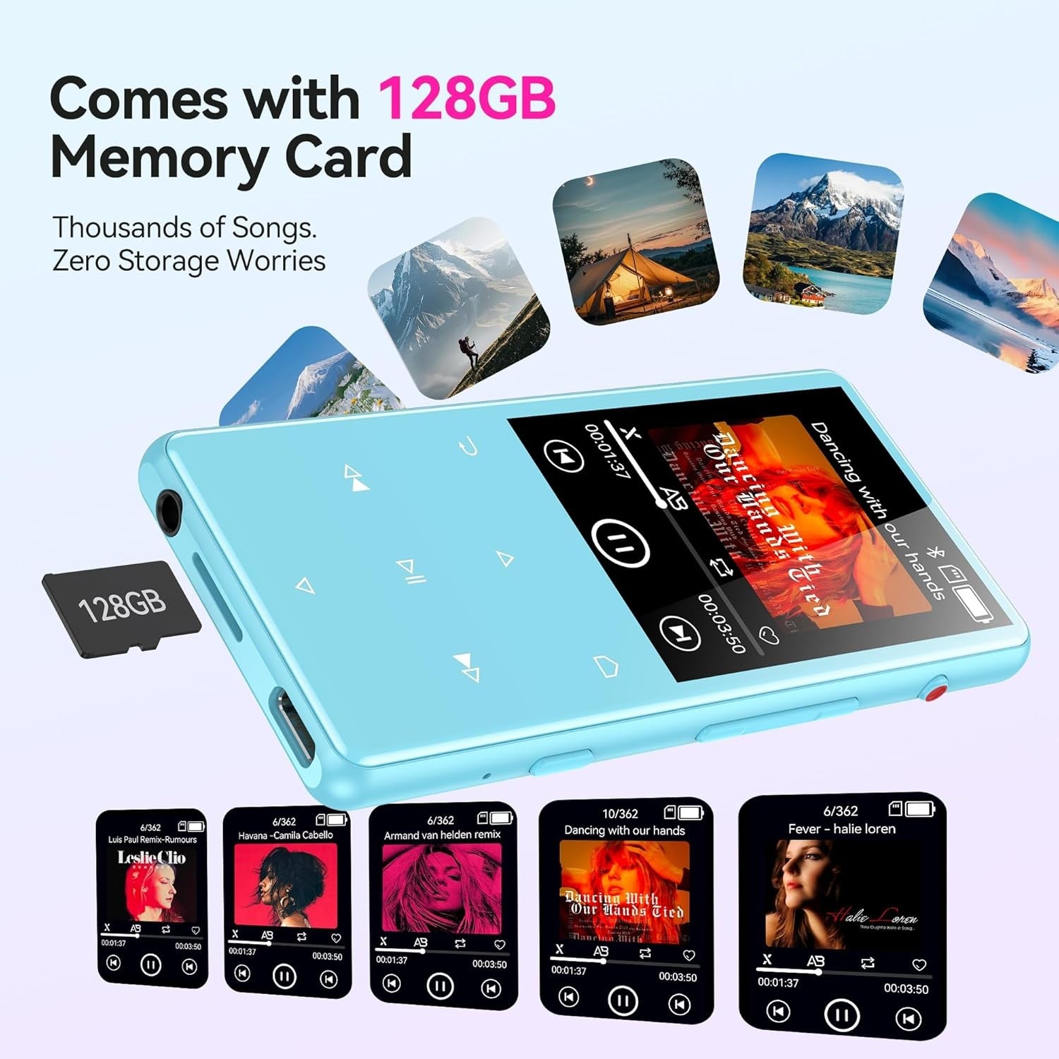128GB Bluetooth 5.4 MP3 Player 2.4" Touch Screen FM Speaker Blue