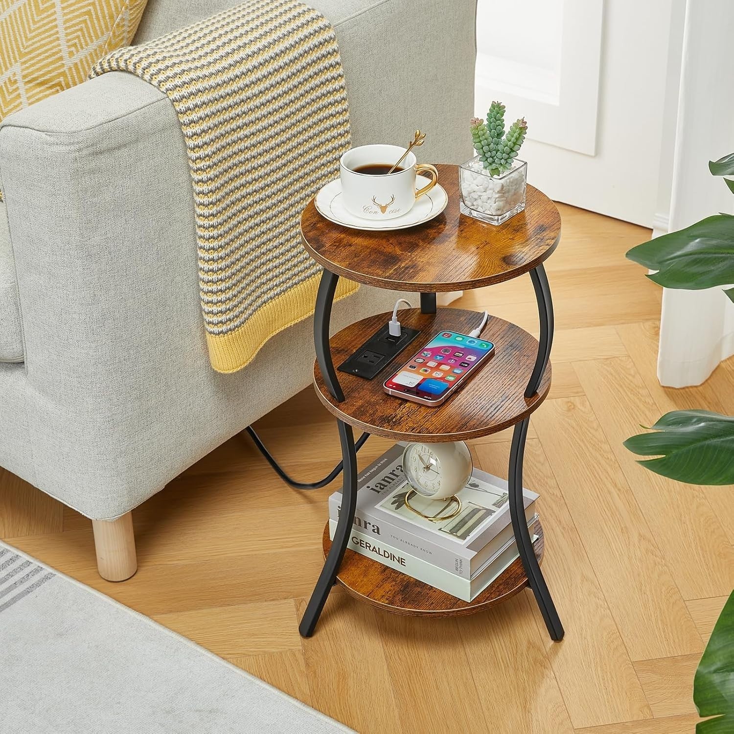 Brown 3-Tier Round Side Table 30x30x55 cm | Slim End Table w/ USB & Storage