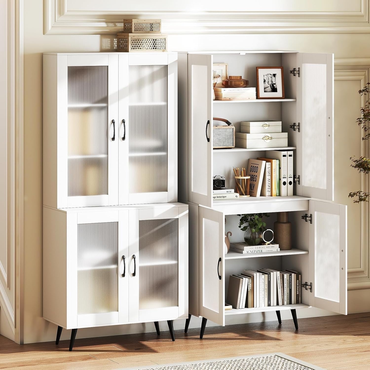 Tall Kitchen Pantry Cupboard 5-Tier Storage Cabinet with Translucent Doors & Adj