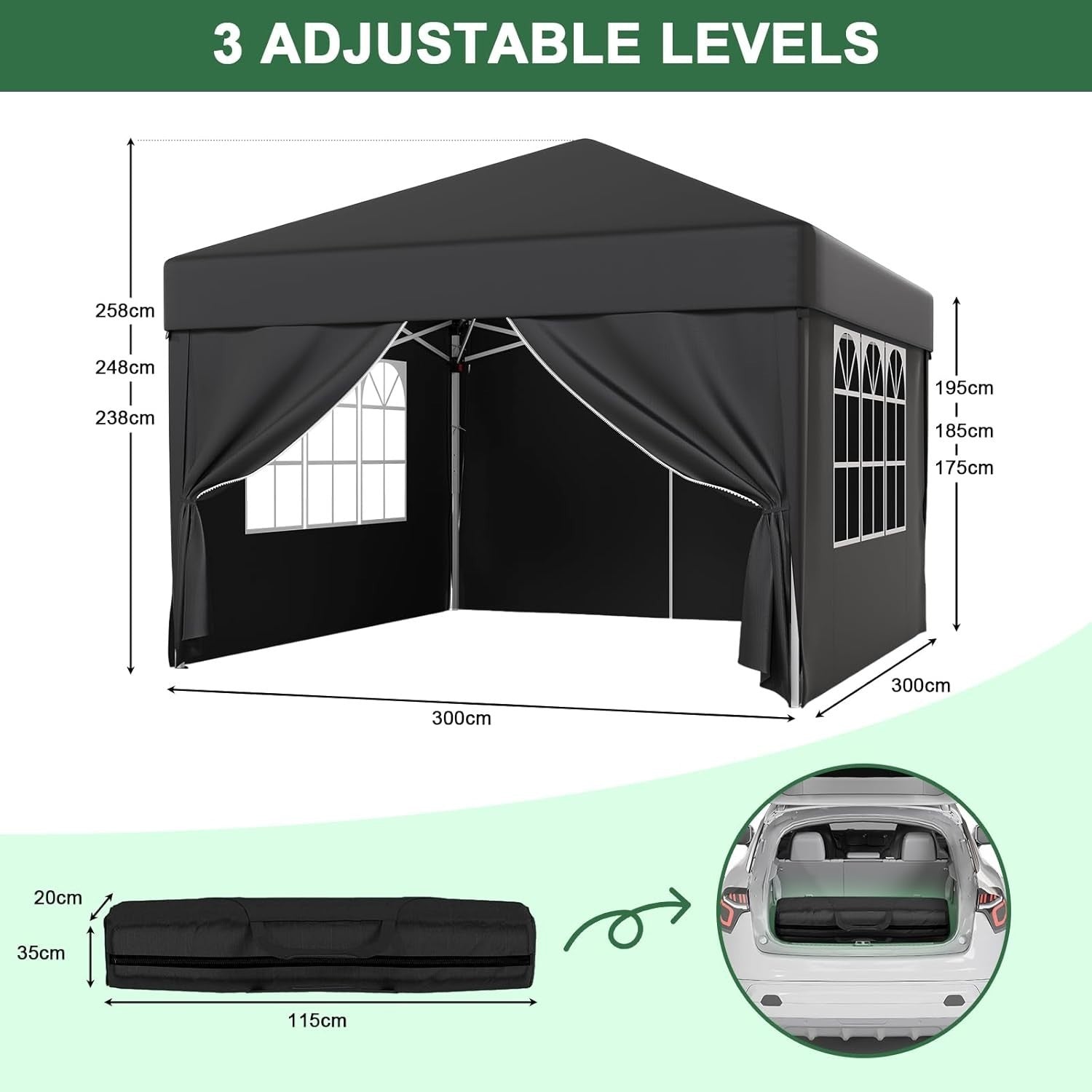 3x3M Gazebo with 4 Sides Garden Tent UV50+ Height Adjustable Event Shelter–Black