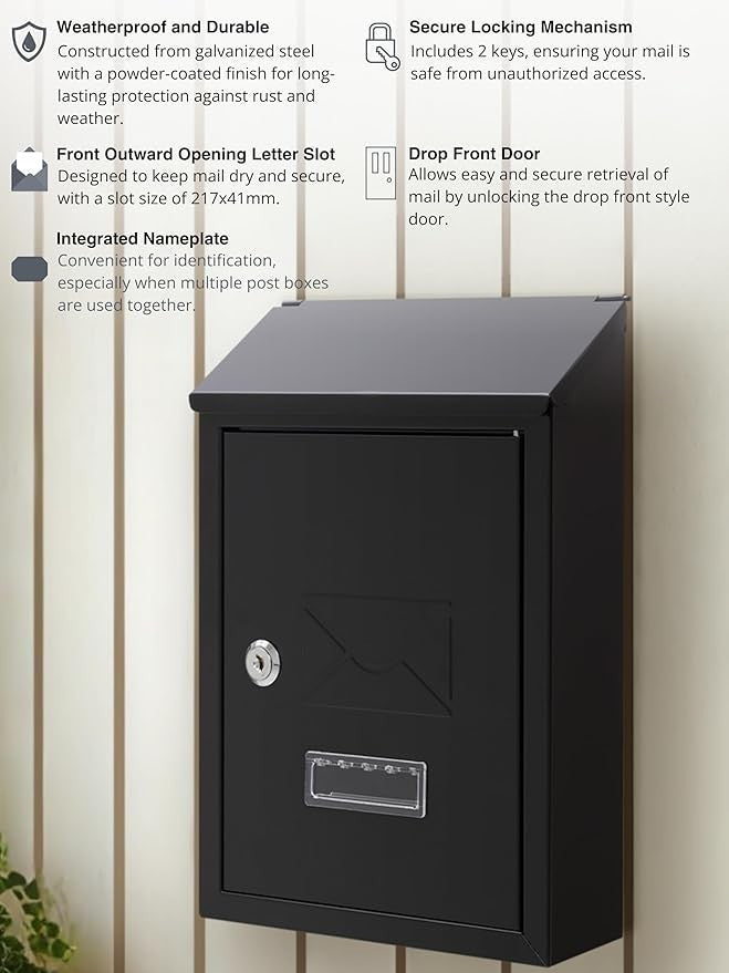 Lockable Wall Mounted Mailbox Black Steel Weatherproof Post Box A5 Slot