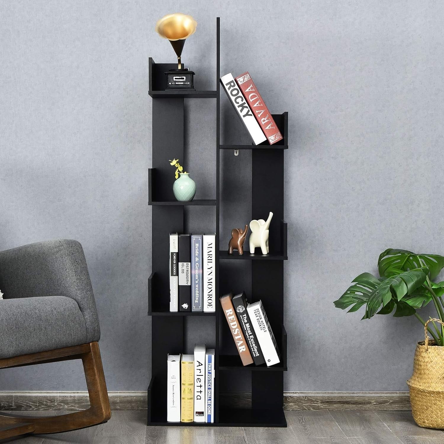 8-Tier Tree Shaped Bookcase Modern Freestanding Storage Shelf Unit Black