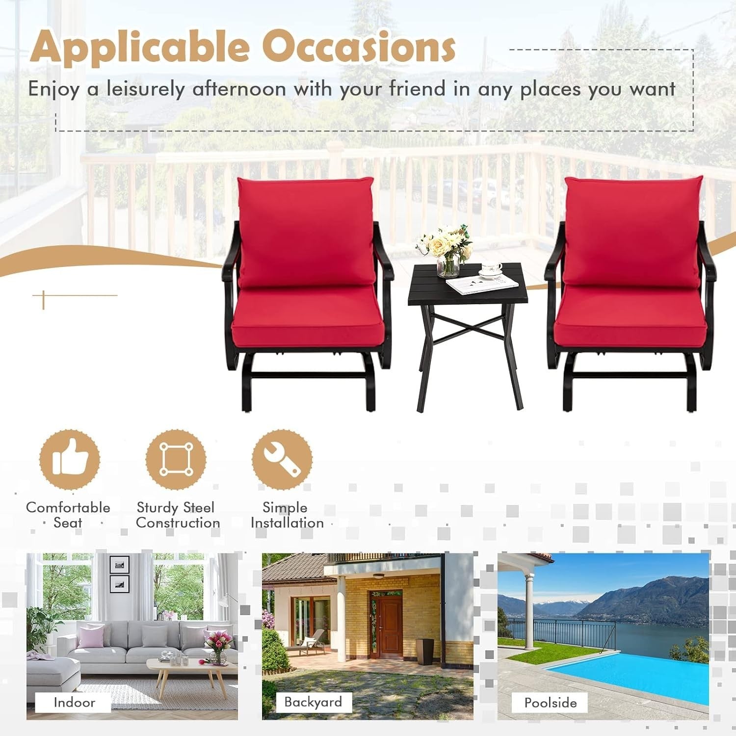 Outdoor Glider Rocking Chair Set w/Cushions & Table Patio Garden