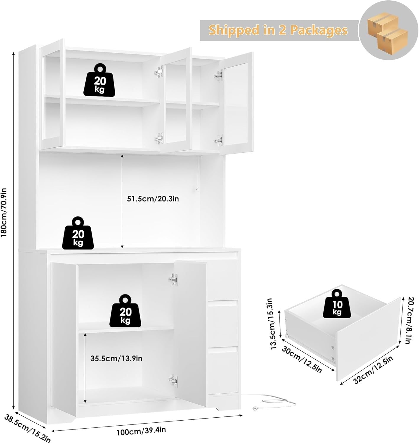 White Tall Kitchen Cupboard with LED, Sockets, Drawers & Shelves