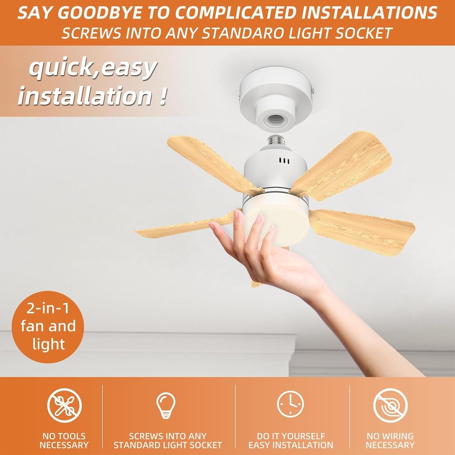 45cm Screw-In Ceiling Fan Light 4 Speeds 3 Colors Wood Grain