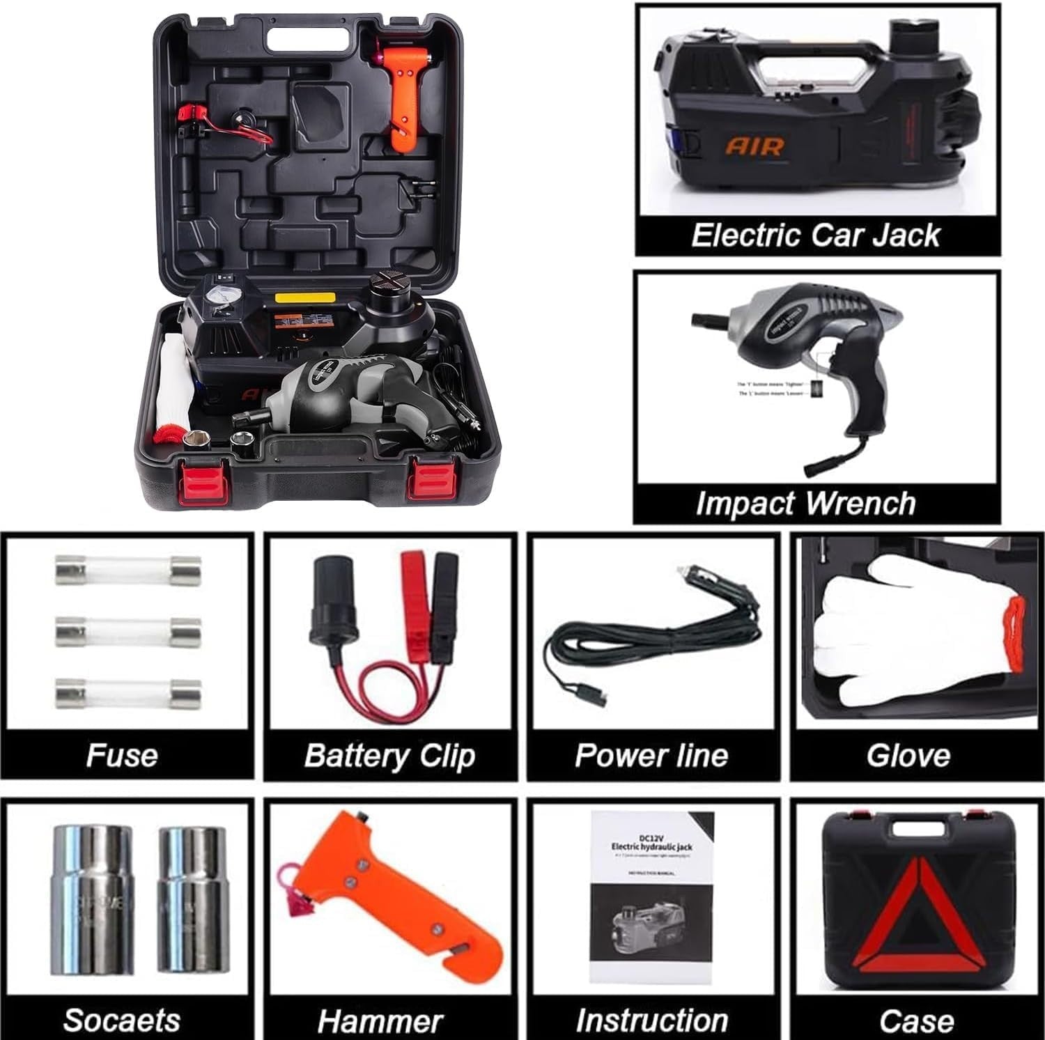 5 Ton Electric Hydraulic Car Jack 5-in-1 Kit with Air Pump & Impact Wrench