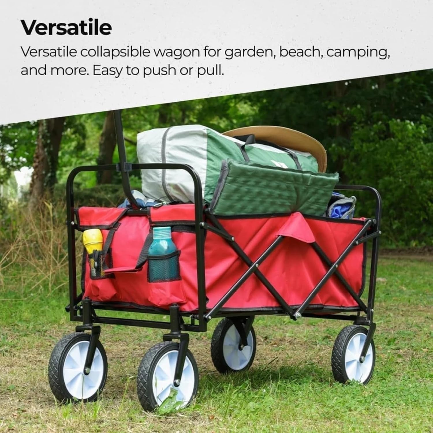 Heavy Duty Folding Wagon 70kg Collapsible Trolley Cart w/All Terrain Wheels Red