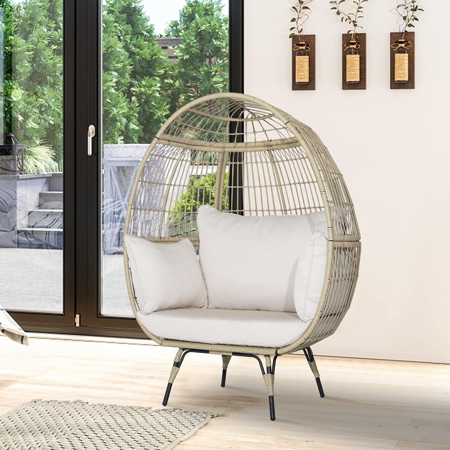 Two Seater Rattan Egg Chair Oversized Cushioned Freestanding Wicker Lounger