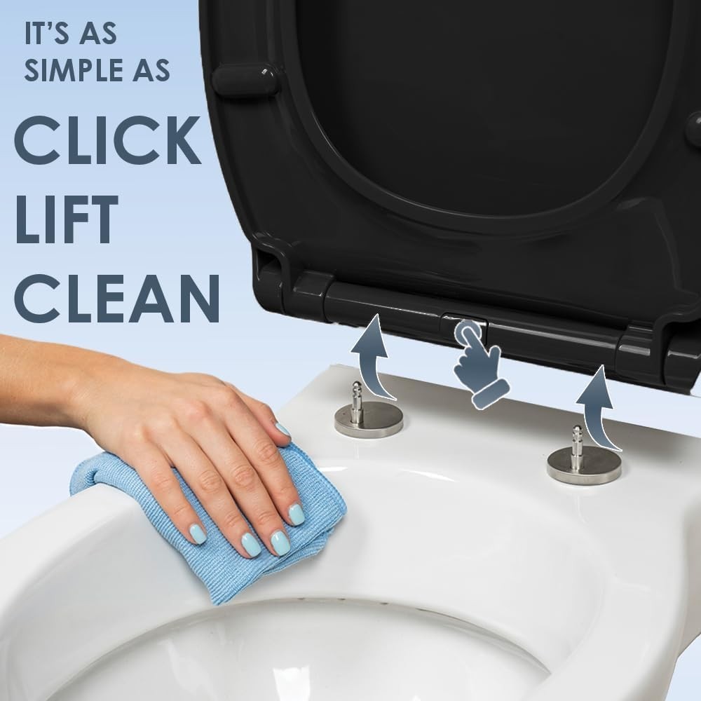 Black Oval Toilet Seat Thermoplastic Quick Release Top & Bottom Fix 45x37cm