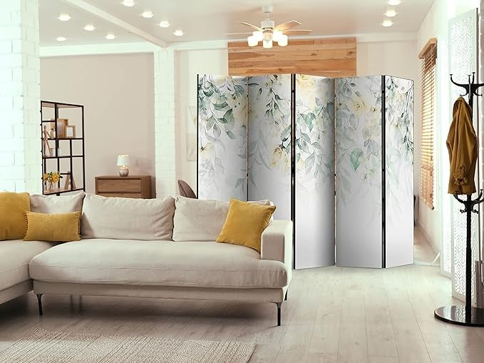 Luxury Acoustic Room Divider 225x172cm White Green Leaf Folding Screen