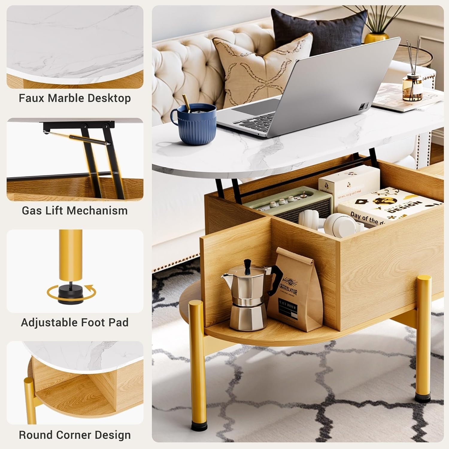 Adjustable Lift Top Coffee Table with Storage & Faux Marble Surface 100x50