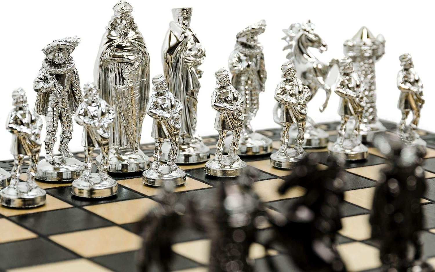 41cm Chrome Medieval Chess Set | Luxury Folding Board | Weighted Metal Pieces