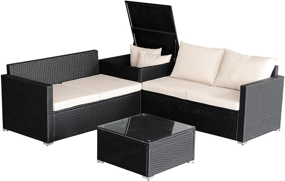 4 Seater Rattan Garden Sofa Set with Storage, Coffee Table & Weatherproof Cushio