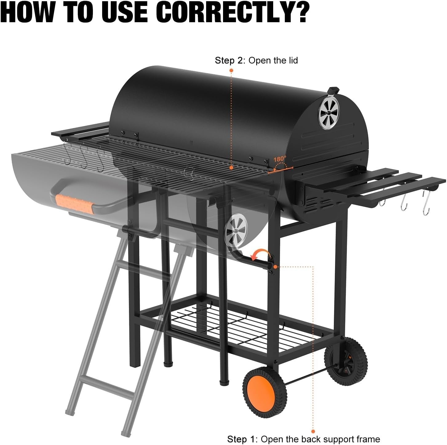 Extra Large Charcoal BBQ Grill Trolley 918 sq in Cooking Space w/ Side Tables