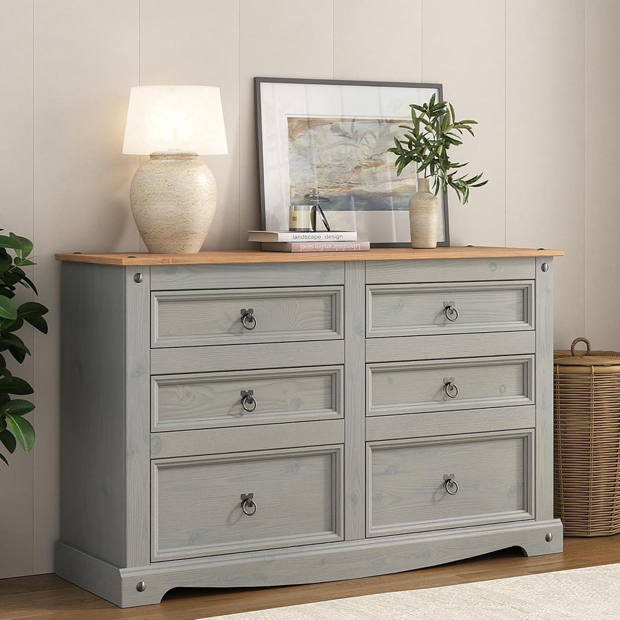 Grey Solid Pine 6 Drawer Sideboard Storage Cabinet Rustic Country Style