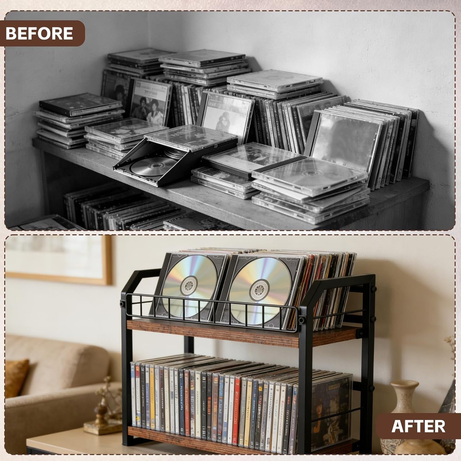 2 Tier CD Storage Rack Vinyl Record Shelf Organizer Holds 60 Discs