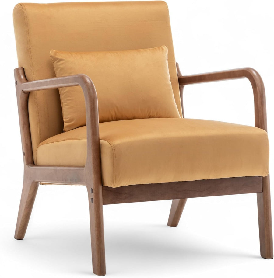 Gold Velvet Accent Chair w/ Lumbar Cushion – Small Armchair