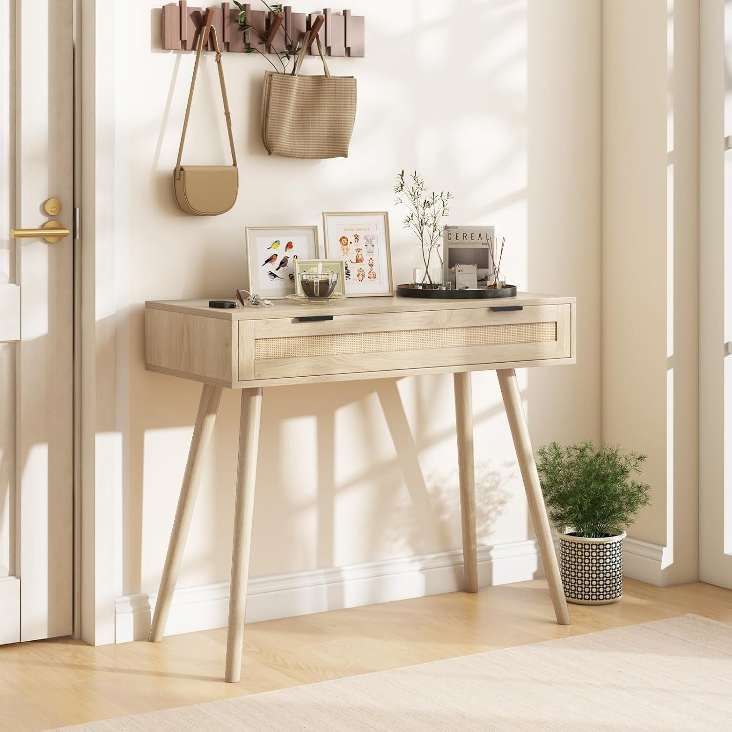 Slim Rattan Console Table with Drawer – Boho Hallway Desk 88x40x77cm