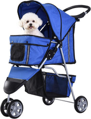 Dog Stroller Foldable 3-Wheel Pet Pram Small Dogs Cats Blue Lightweight