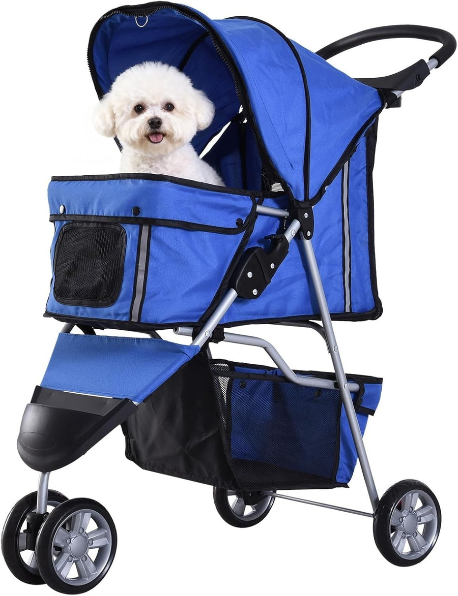 Dog Stroller Foldable 3-Wheel Pet Pram Small Dogs Cats Blue Lightweight