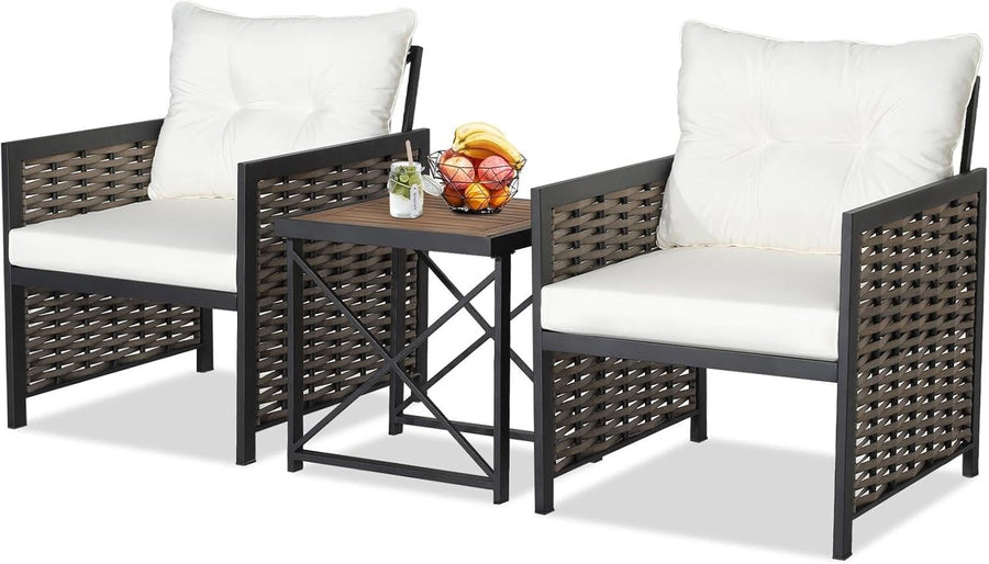 Patio Rattan Bistro Seating Set Acacia Wood Table Deep Cushions Balcony