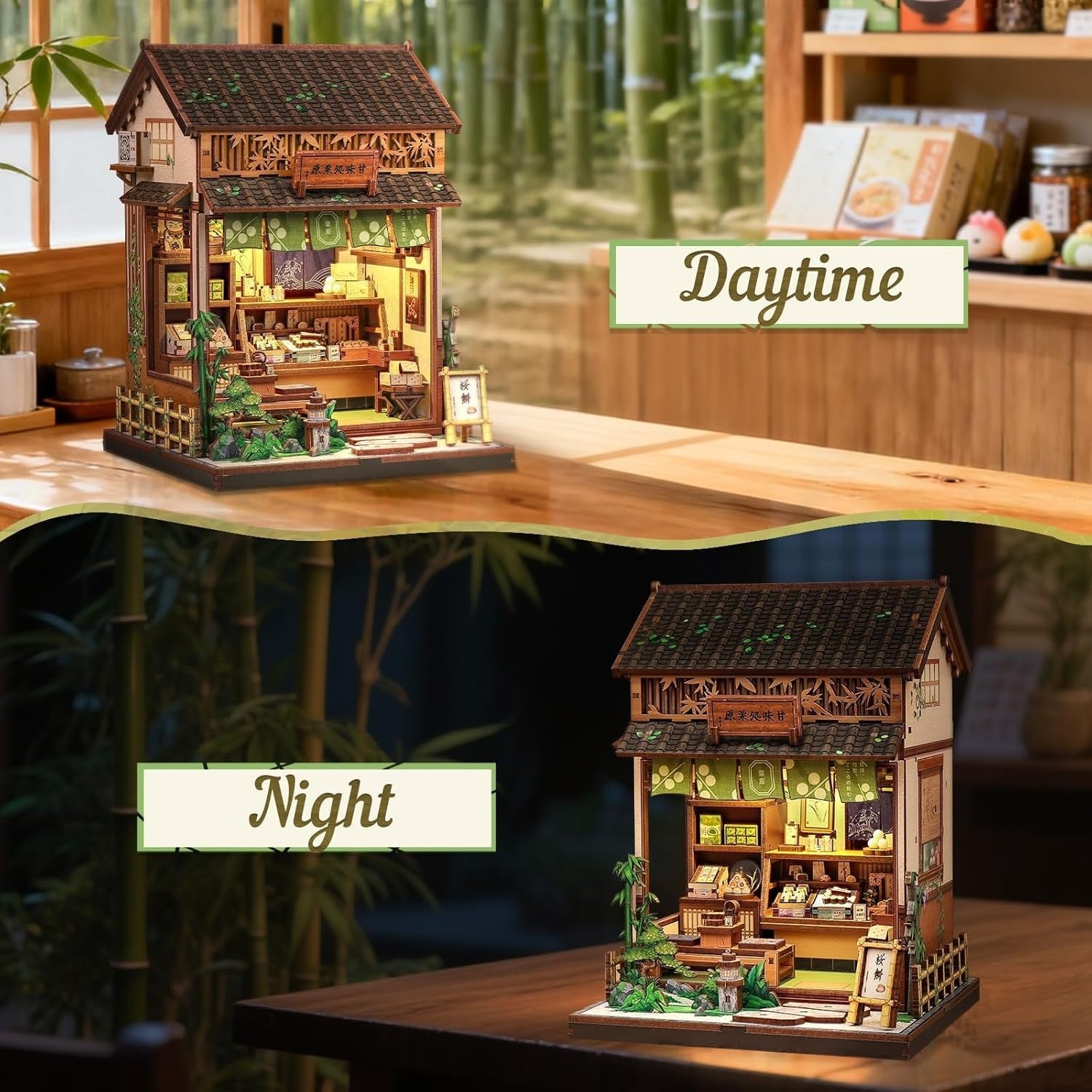 DIY Book Nook Japanese Sweet Shop Miniature Dollhouse LED Bookshelf